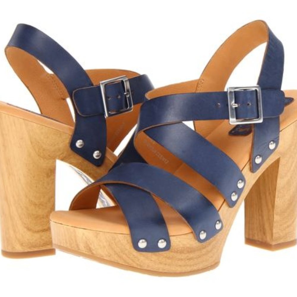 Kork by Kork-Ease Uma Blue F/G Platform Sandals Size 9 40.5 Navy Leather Wood